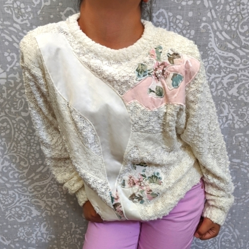 Vintage Chunky Knit Boucle Textured Patchwork Sweater